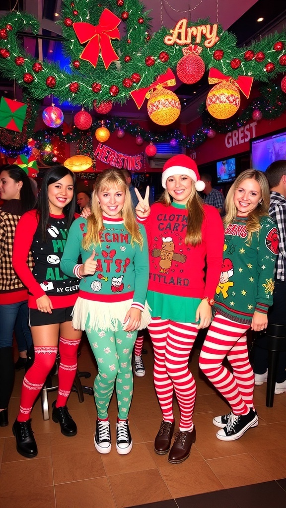 A group of people in tacky Christmas outfits, including ugly sweaters and festive accessories, celebrating at a holiday party.